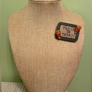 Adorable wooden trick or treat brooch